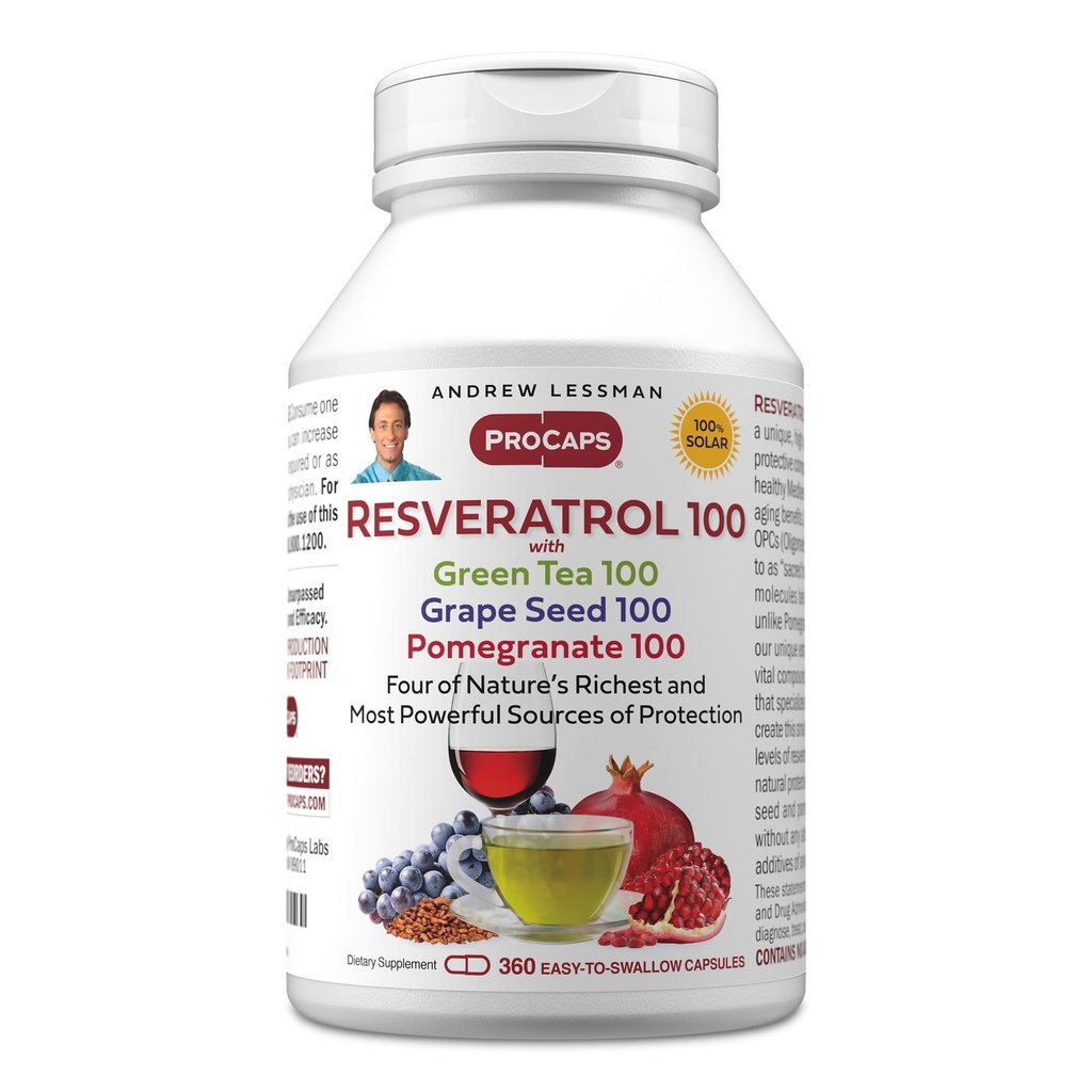 ANDREW LESSMAN Resveratrol- 100 s Green Tea 100 Grape Seed 100 Grape Seed 100mg - 360 Kapsle - Čtyři silné, ochranné antioxidanty.