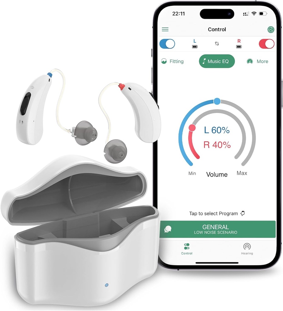 Sluchové pomůcky pro seniory dobíjecí, RIC 16 Channel Sluchátko s Bluetooth pro dospělé, Starší sluchové pomůcky s inteligentním hlukem zrušení, Digitální naslouchací pomůcky s APP Control, bílé