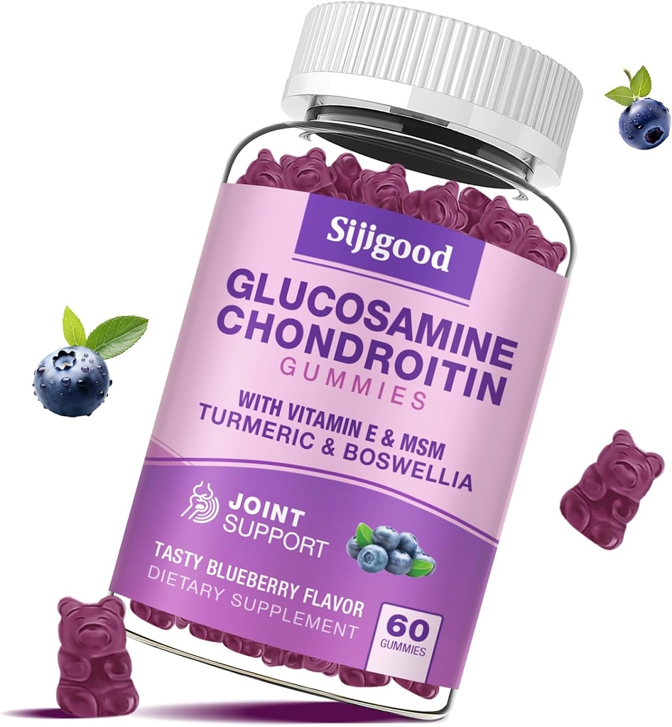 Glukosamin Chondroitin Gummies, Extra síla Glucosamine Chondroitin MSM s Elderberry & Turmeric, Společné zdraví, Flexibilita, Antioxidant, Imunita pro dospělé - 60 Borůvkové ochucené gumy