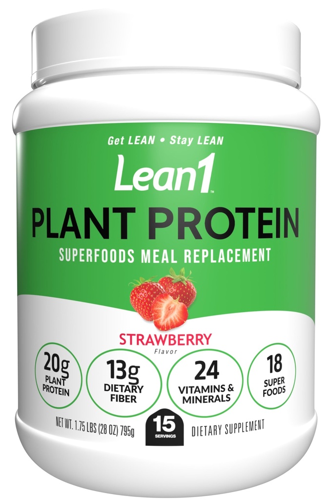 Lean1 Proteinový prášek na bázi rostlin, náhrada jídla, jahodová chuť, 15 porcí