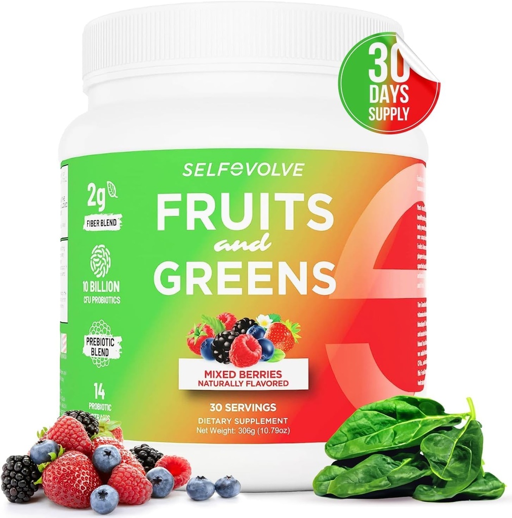 Plody a zelené organické probiotický prášek: 30 Služení pro muže a ženy. Vegan s 10 miliardami CFU, Spirulina, Kale, Špenát, Chlorella, Elderberry, Digestivní Enzymy - Probiotika
