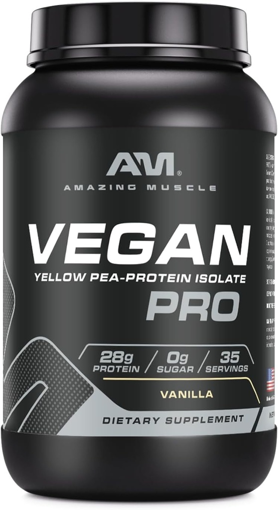 Amazing Muscle Vegan Protein Powder 124; 28 Grams Protein CLANE124; 34 Servings CLANE124; Nulový cukr CLANE124; Yellow Pea Protein Isolate Supplement CLANE124; Made in USA (3 Lb, Vanilla)