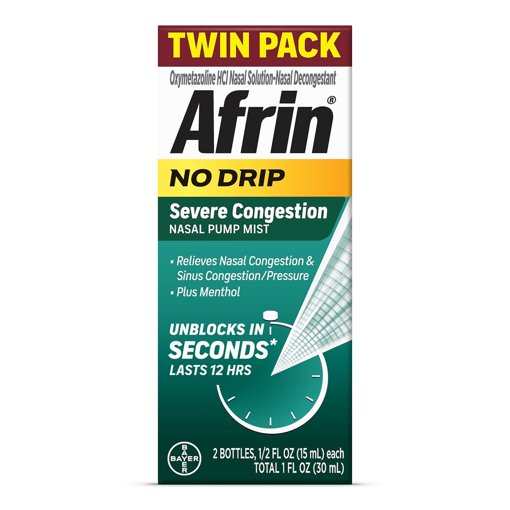 Afrin No Drip těžké zácpy Nasal Mist Twin Pack, Non- Drowsy, Fast- acting Decongestant for Nasal Congestion and Sinus Pressure Relief, Dospělí a děti 6 a starší, .5 fl oz (Pack of 2)