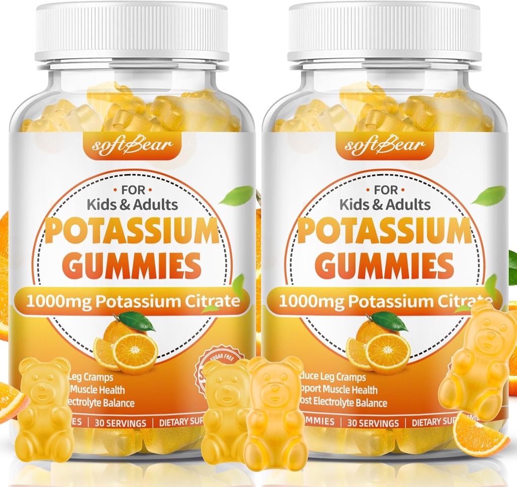 softbear kalium Citrát 1000mg, Cukr bez kaloriových gumiček pro dospělé podporu nohy křeče & Muscle Health High Potency Draslík Dodatek gumies Orange Flavor 120 Počet