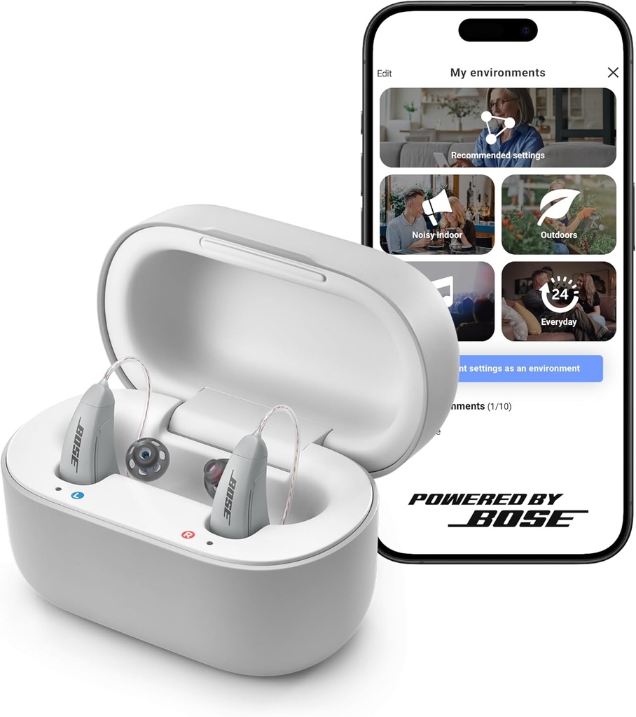Lexie B2 OTC Sluchové pomůcky poháněné Bose - Bluetooth Call Povoleno pro iOS, Dobíjení s App Control, po celý den Comfort. Self- Fit Solution, Noise Reduction, for Mild to Moderate sluch Loss (Gray)