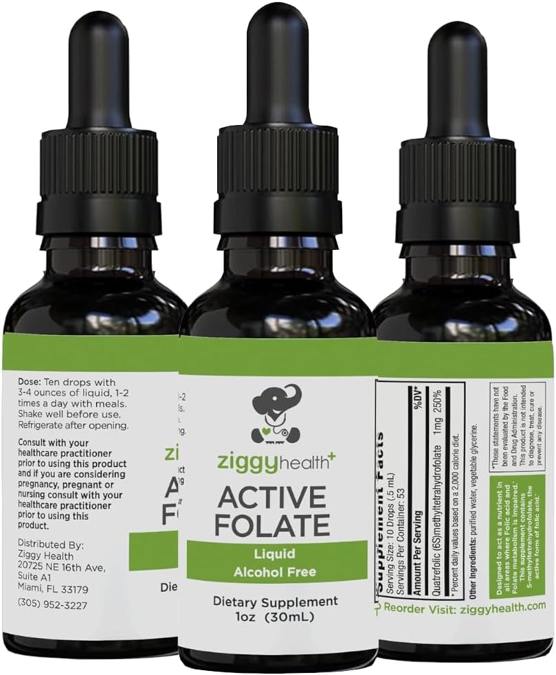 Active Folát čistý tekutý extrakt dodatek - L- methylfolát pro lepší absorpci, zdraví mozku, zlepšení buněčné funkce, podpora imunitního systému, voda rozpustný B komplex, 1oz - by Ziggy Health