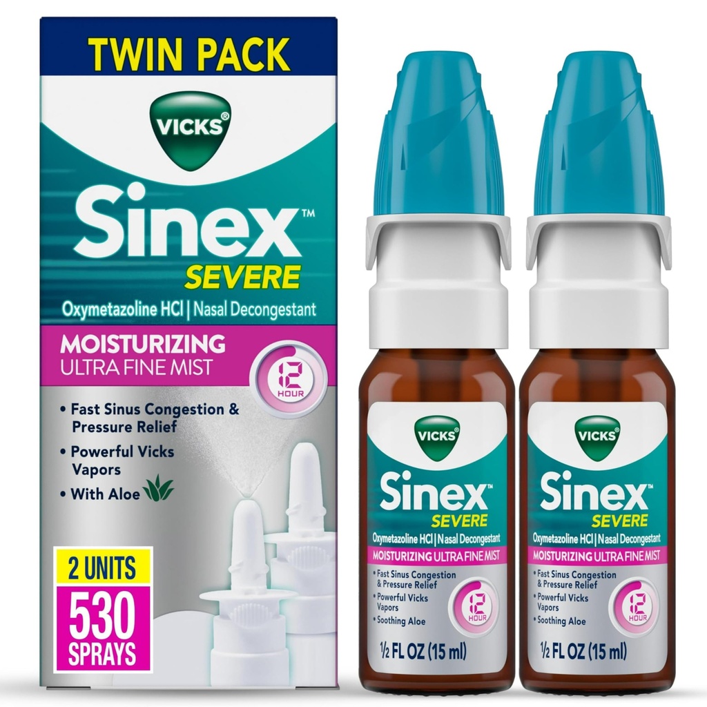 Vicks Sinex těžké Nasal Spray, Moisturizing Ultra Fine Mist s aloe, Decongestant Medicine, Relief from Stuffy Nose Vzhledem k chladu nebo alergie, Nasal Congestion & Sinus tlaková úleva, 265 Spreys x 2