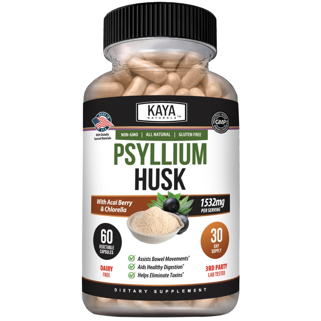 Kaya Naturals Psyllium Husk Kapsle - 60 Počet 124; Vysoký Fiber dodatek 124; Stravovací zdraví & Regularita 124; Gluten- Free, Non- GMO
