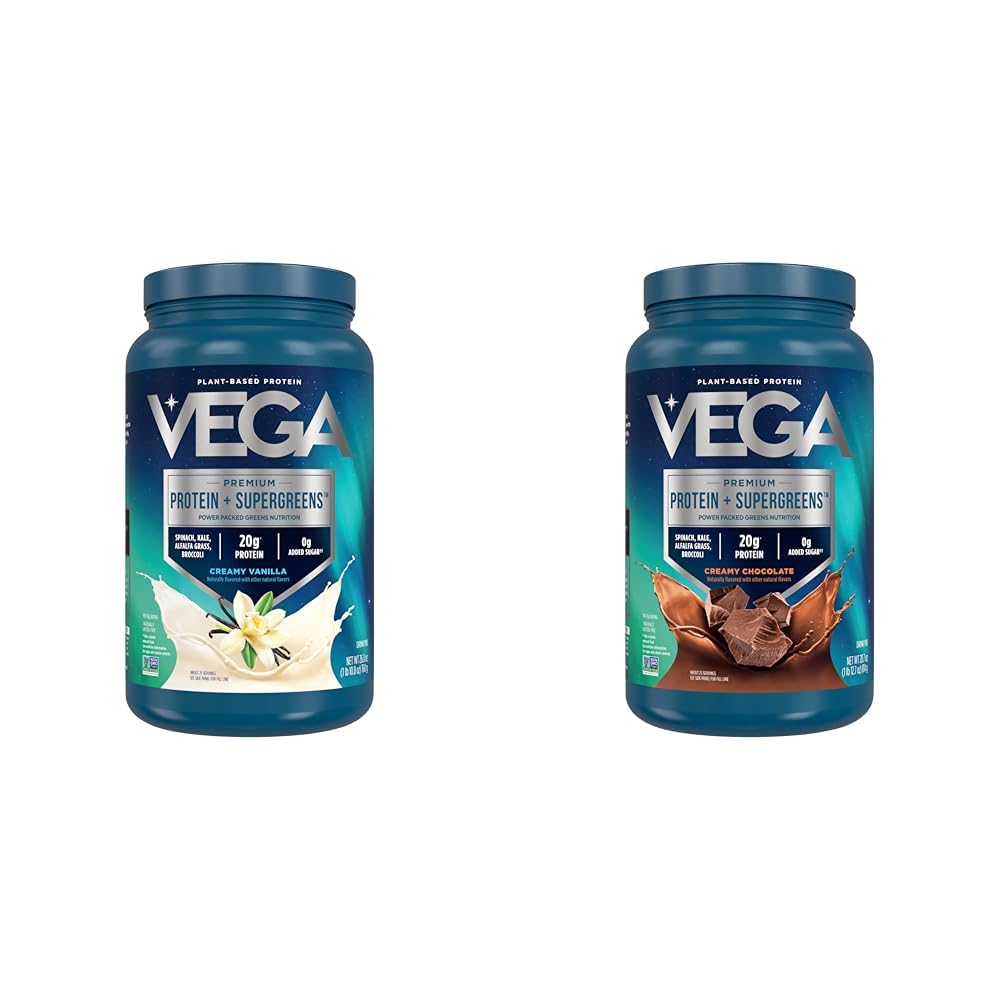 Vega Protein & Green Bundle, Chocolate + Vanilla (25 Servings Each) - Protein Powder, Keto- Friendly, Gluten Free, Non Dairy, Vegan, Non Soy, Non GMO, laktóza zdarma