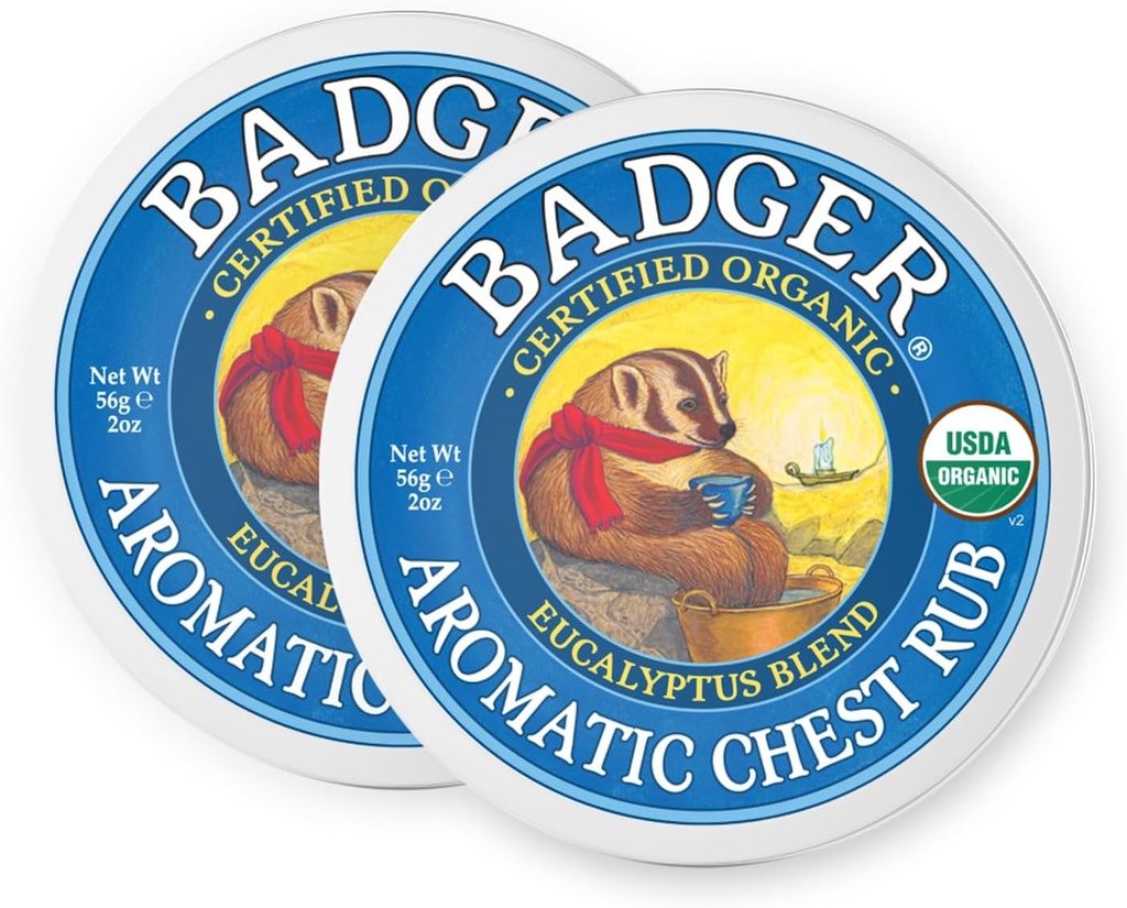 Badger Aromatic Chest Rub, 100% organický Vaporub w / Eucalyptus & Lavender Essential Oils to clear & Soothe, All- Natural Chest Congestion Relief for Dospělí & Kids, 2 oz Tin, 2-Pack
