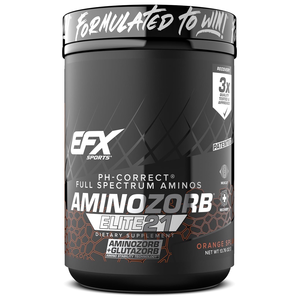 EFX Sports Aminozorb Elite 21 Březen 124; PH- Pravý, Full Spectrum Aminos + Glutamin Brank 124; Essential & Non Essential Aminos Branth 124; Zero Sugars Brank 124; 30 Servings (Orange Splash)