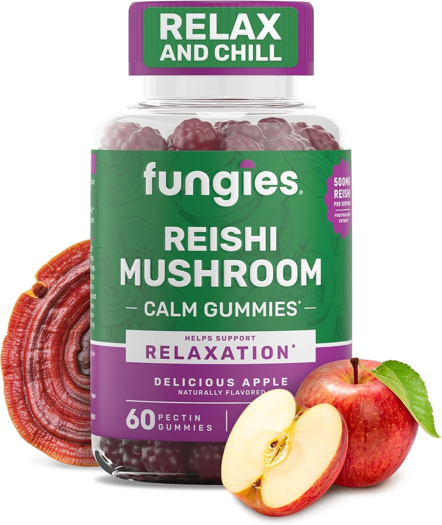 Fungies Reishi Houbové gumy, Delicious Apple Flavor - Houbový bylinný doplněk Gummy pro dospělé podporuje imunitní zdraví, relaxace a zdravé stárnutí - Uklidňující gumy pro spánek - 60 Služeb