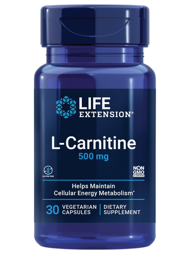 Life Extension L- Carnitin - 500 mg, Energy Supplement, Memory Supplement - Free Form Amino Acid, Nitric Oxide Support, Zdravý krevní tlak - Gluten- Free, Non- GMO, Vegetarian - 30 Kapsle