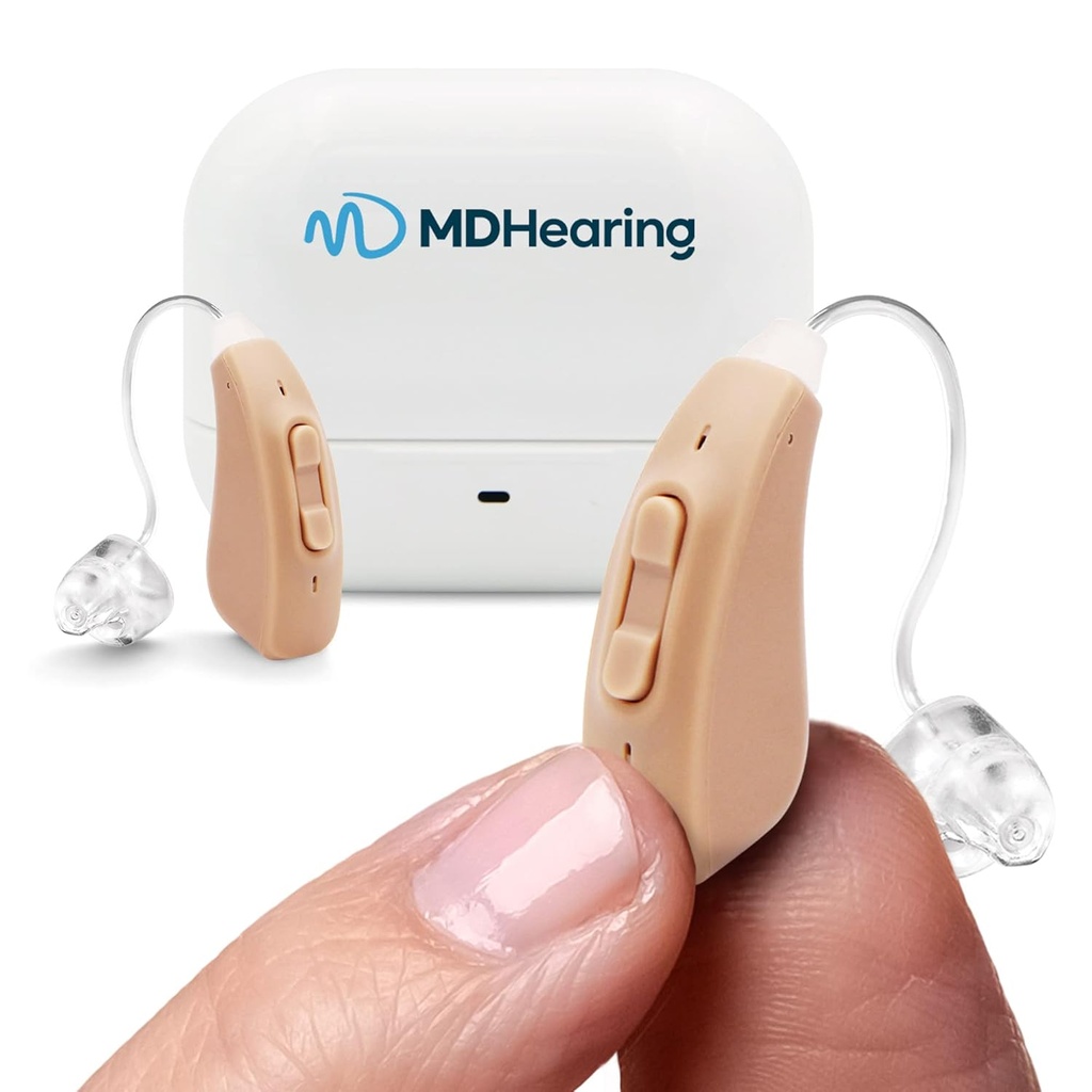 MDHearingAid Aid (Pair), OTC dobíjecí, Crystal- clear Digital Sound by MDSpears, Perfect for Glasses, Almost Invisible