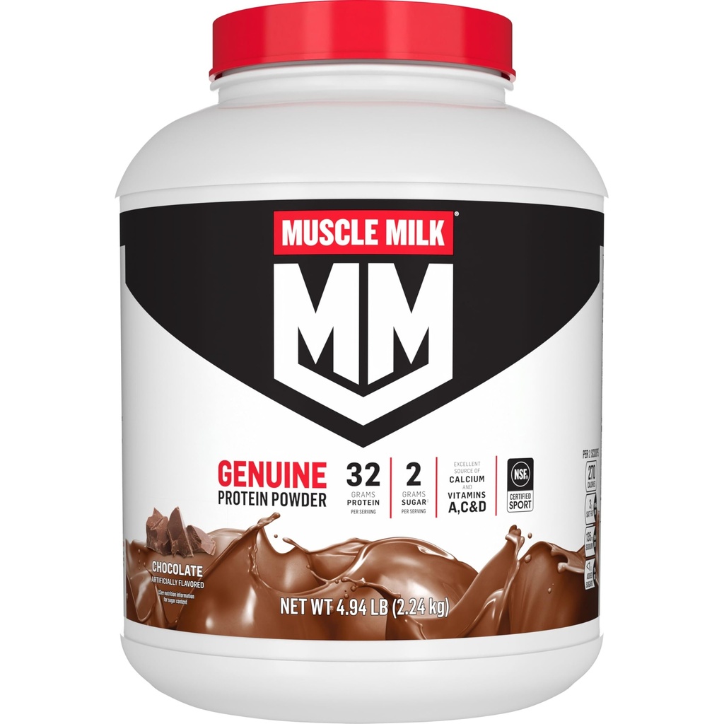Muscle Milk Genuine Protein Powder, Chocolate, 4.94 Pound, 32 Servings, 32g Protein, 2g Cukr, vápník, vitaminy A, C & D, NSF Certified for Sport, Energizing Snack, Balení May Vars