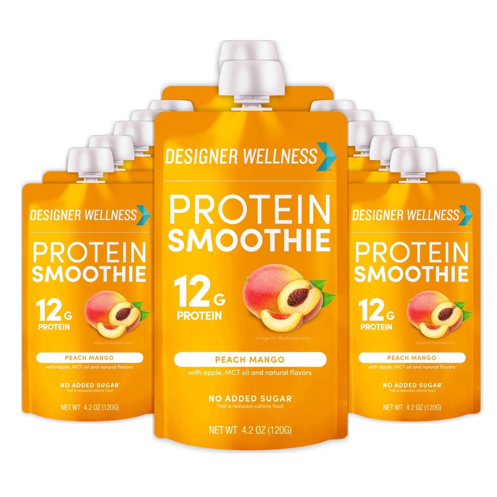 Designer Wellness Protein Smoothie, Real Fruit, 12g Protein, Low Carb, Zero Added Sugar, Gluten- Free, Non- GMO, No umělé barvy nebo vůně, Peach Mango, 12 Počet