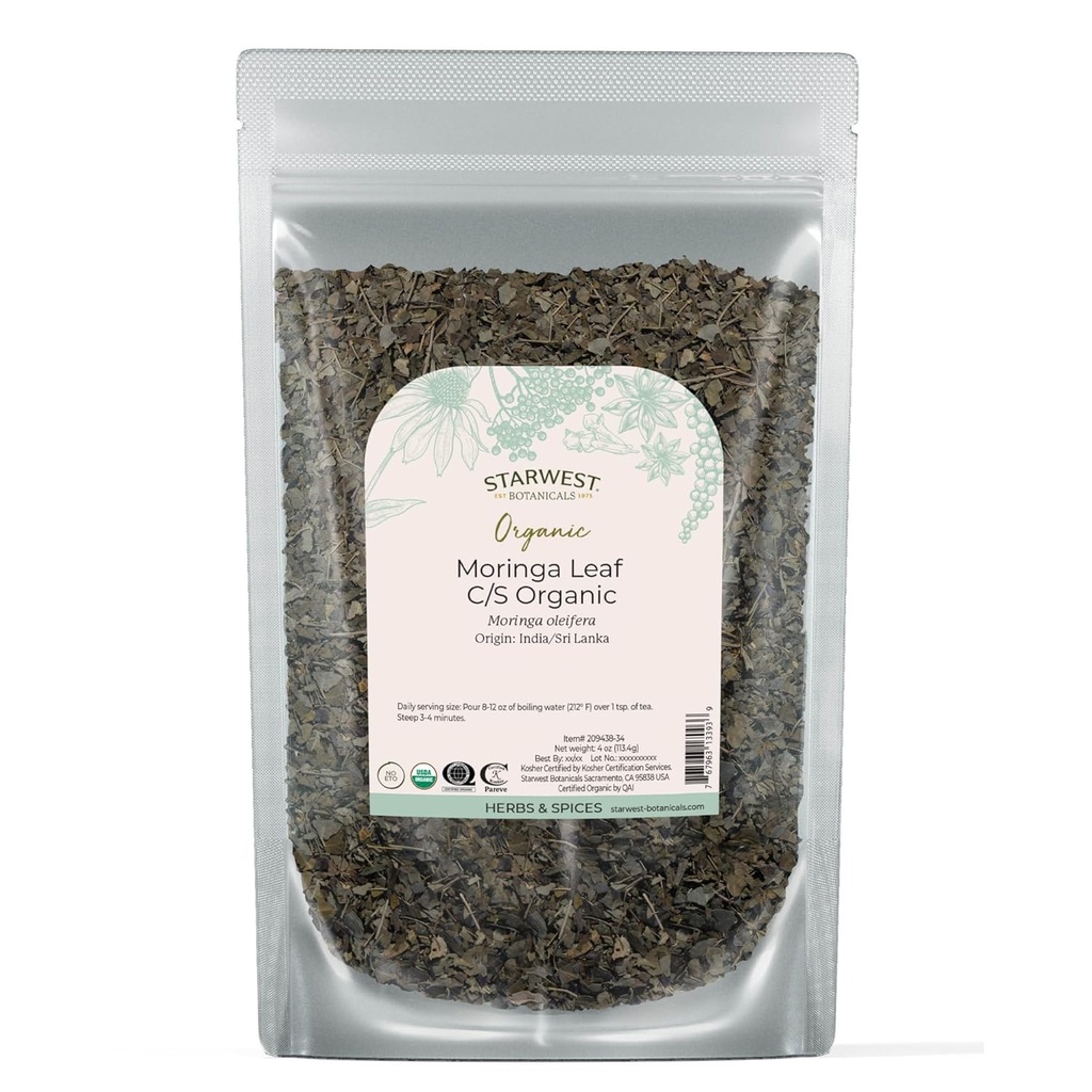 Starwest Botanicals Organic Moringa Leaf - Herb for Tea, Kapsle, Juice, & Smoothies, Přírodní zdroj antioxidantů, Cut & Sifted, Certified Kosher, Non GMO - 4 oz Pouch