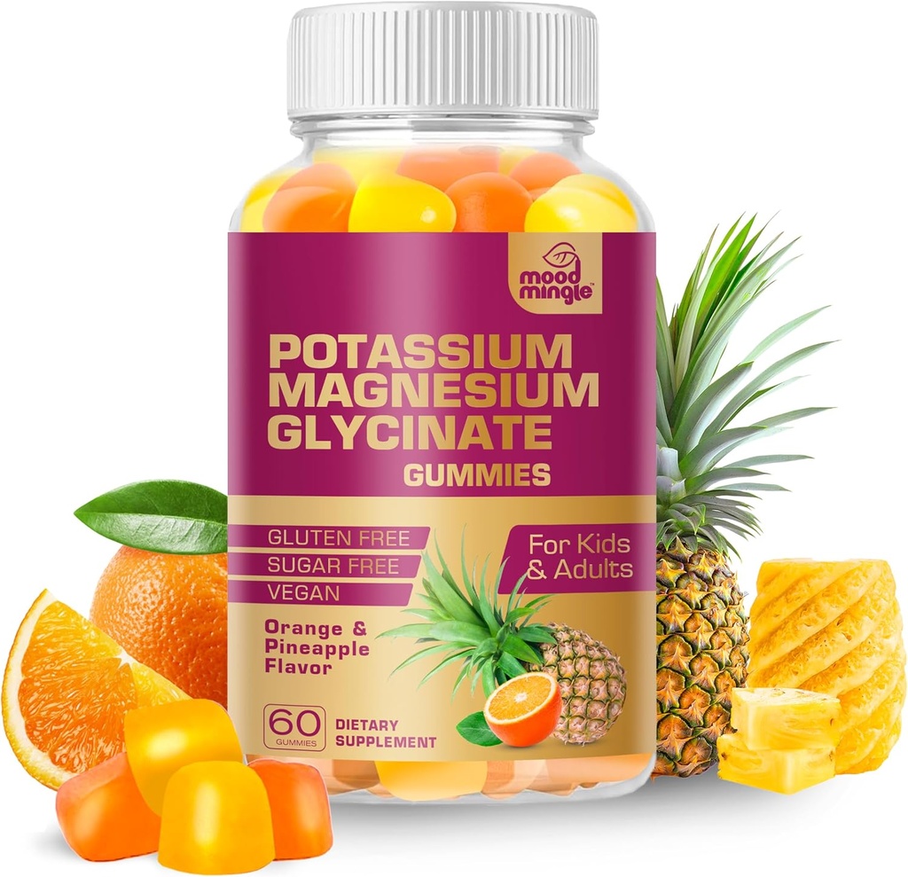MoodMingle Draslík Magnesium Glycinát doplněk Gummie - Vysoká absorpce Žvýkačky kalium - s vitamíny vápníku B6 B12 C D3 K2 zinek - Vegan Sugar- zdarma gluten zdarma pro dospělé děti