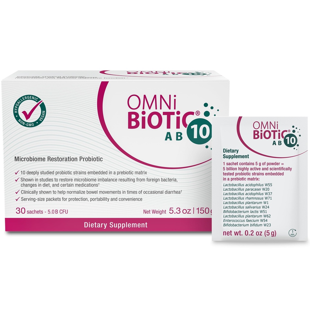 OMNi BiOTiC AB 10 - Klinicky testovaná restorativní probiotika - Podpory a obnova Gut Flora & Digestion - Digestivní Probiotika pro průjem - Vegan, hypoalergenní, Non- GMO (30 Daily Packets)