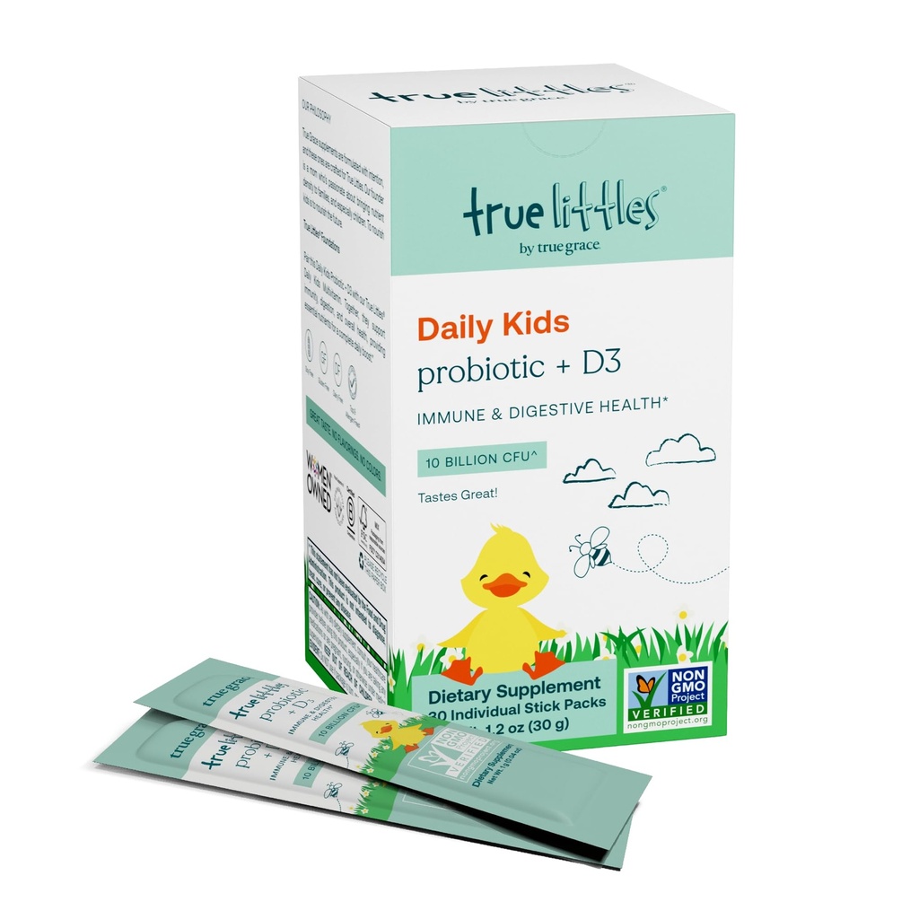 True Grace True Littles - 30 jednotlivých pásků - Dětský denní Probiotický + Vitamin D3 pro imunitní a stravitelné zdraví - Gluten, Soy & Dairy Free - 30 Služeb