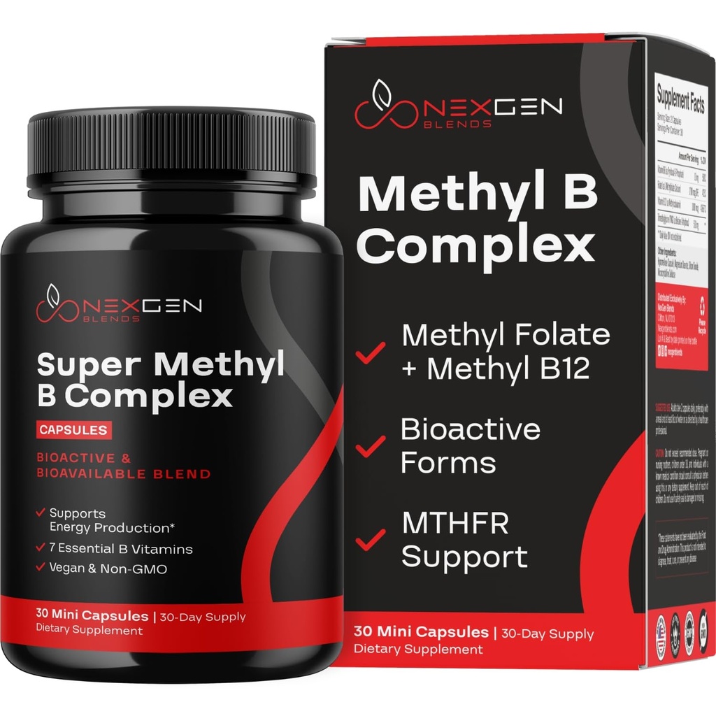 Methylovaný doplněk vitaminu B - Bioactive Methyl B Complex with 5-MTHF Methyl Folate & B12 Methylkobalamin for Brain Heart Energy & Homocystein Support - Super Vitamin B Complex (30 count)