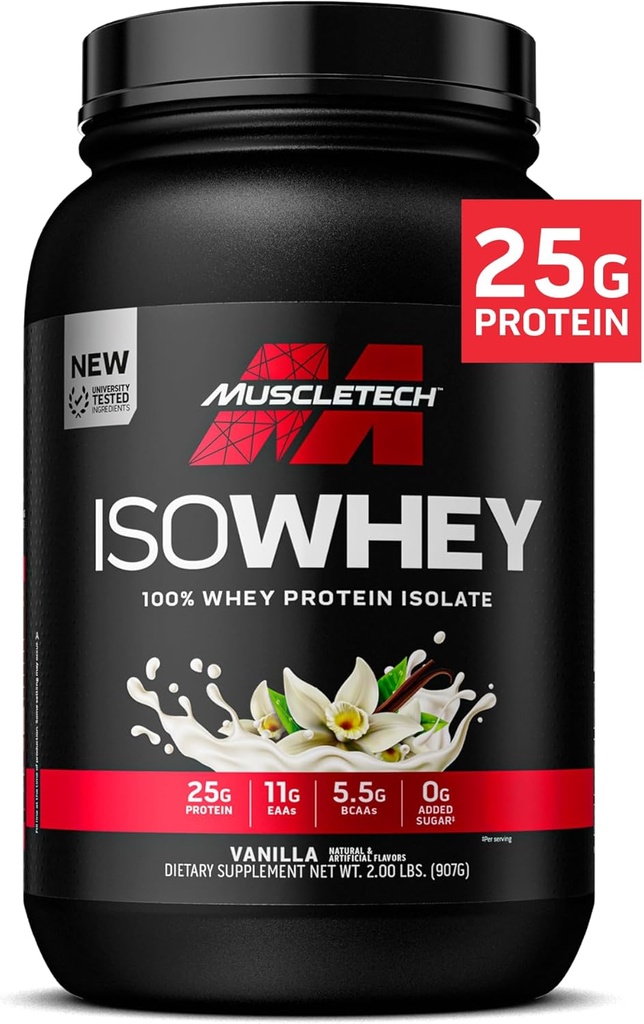 MuscleTech ISO Syrovátka izolát protein prášek, Vanilla - Post Workout Gym dodatek pro Lean Muscle Gain, Body Building Weiner & Recovery - 25g protein, BCAA, EAA & 0 Přidaný cukr - 2lbs