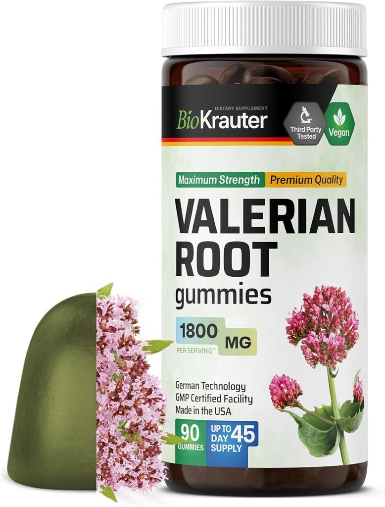 BIO KRAUTER Valerian Root Gummies - 1800 mg Síla - 90 Vegan Chews - No Melatonin - Podpora relaxace a klid - Valerian Root Extract