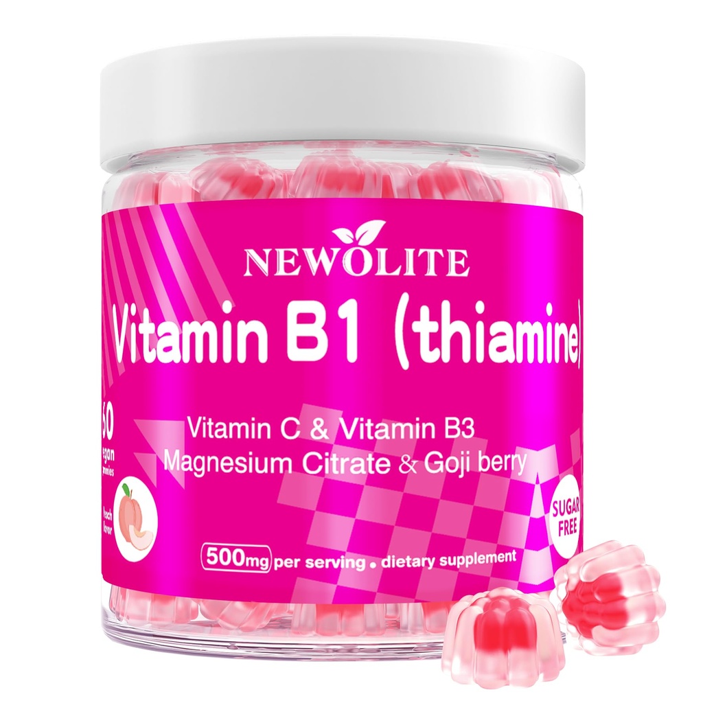 Vitamin B1 Žvýkací gumy Thiamin 500mg & Vitamin B3 & Vitamin C, bez cukru - bez GMO, Vegan, přírodní broskvový příchuť - Thiamin B1 dodatek pro dospělé a děti