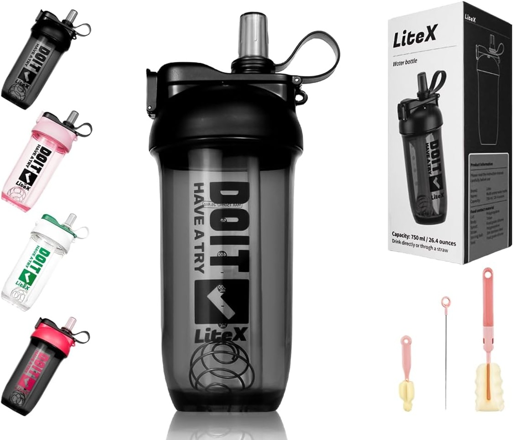 Lahvičky na proteinové třepačky, 26oz Blender Shaker Lahvička na předcvičení, Shaker Cupy se Straw, BPA- zdarma Tritan míchačky na proteinový prášek, s kartáčem a Návod (Black)