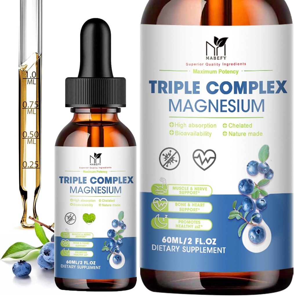 Magnesium Glycinát Tekuté Kapky Komplexní dodatek s Taurate, Malate for Calm, Leg Cramps, Energy CLAS124; Sugar- Free a Natural Vegan Magnesium, Borůvkový Flavor