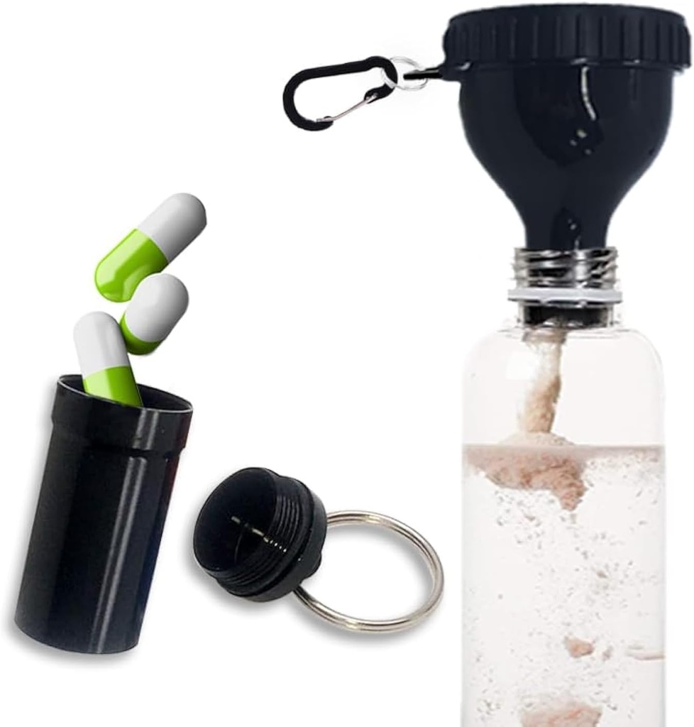 Protein Powder Container jít Funnel s hliníkovým Alloy Mini Pocket Pill Box a Carabiner Clip doplněk Funnel s čepem pro vodní láhev Pre Workout Gym Mini Cestovní Funnels Shaker Cup