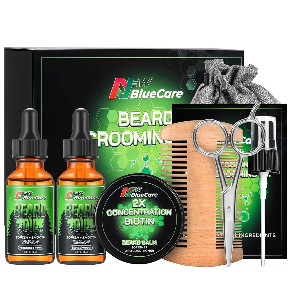 Beard Care Kit - Obsahuje (1) každý z Beard Oils (Sandalwood & Unvoiced), Biotin Beard Růstový balzám, Comb and Nůžky pro grooming a Trimming - Beard Care Daddy dárky pro muže