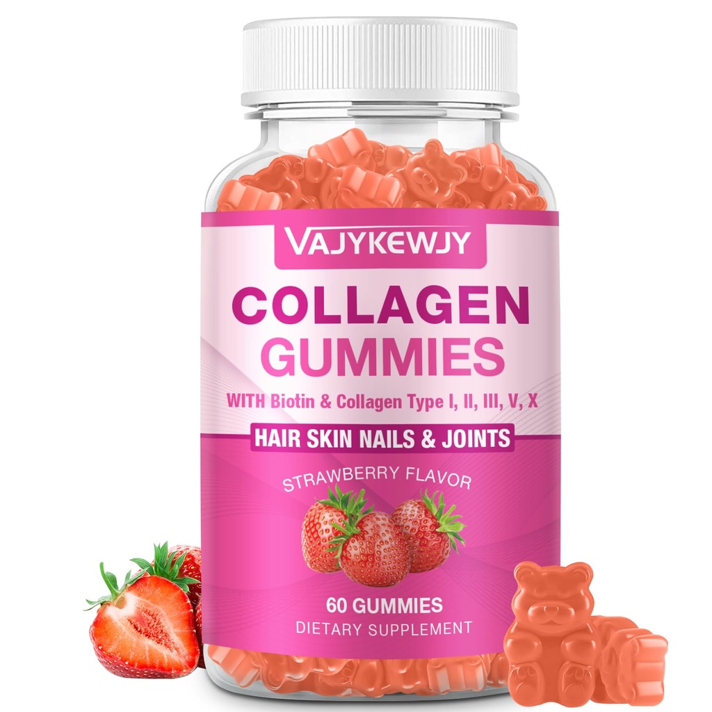Veganské kolagenové žvýkačky pro ženy a muže - s biotin, vitamín C, a zinek pro pleť záření, růst vlasů, silné nehty, a společná podpora, 60 Počet