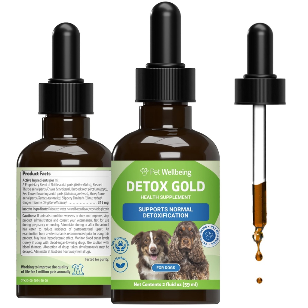 Pet Wellbeing Detox Gold pro psy - Gentle Detoxification & Elimination Support, Imunitní systém Care, Kopřivka, Požehnaný Thistle, Burdock Kořen - Veterinarian- Aplikovaný Bylinný dodatek 2 oz (59 ml)
