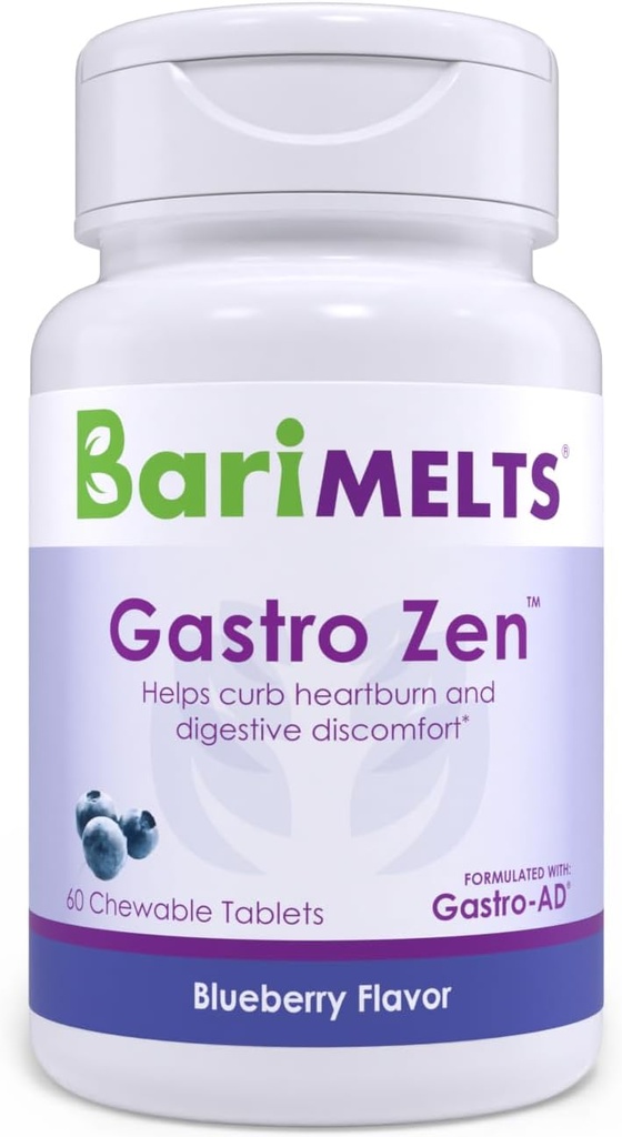 BariMelts Gastro Zen ® s Gastro-AD ®, 60 Žvýkací tablety (1- Month Supply), Postbiotics for Heartburn Relief and Gut Health After Bariatric Surgery