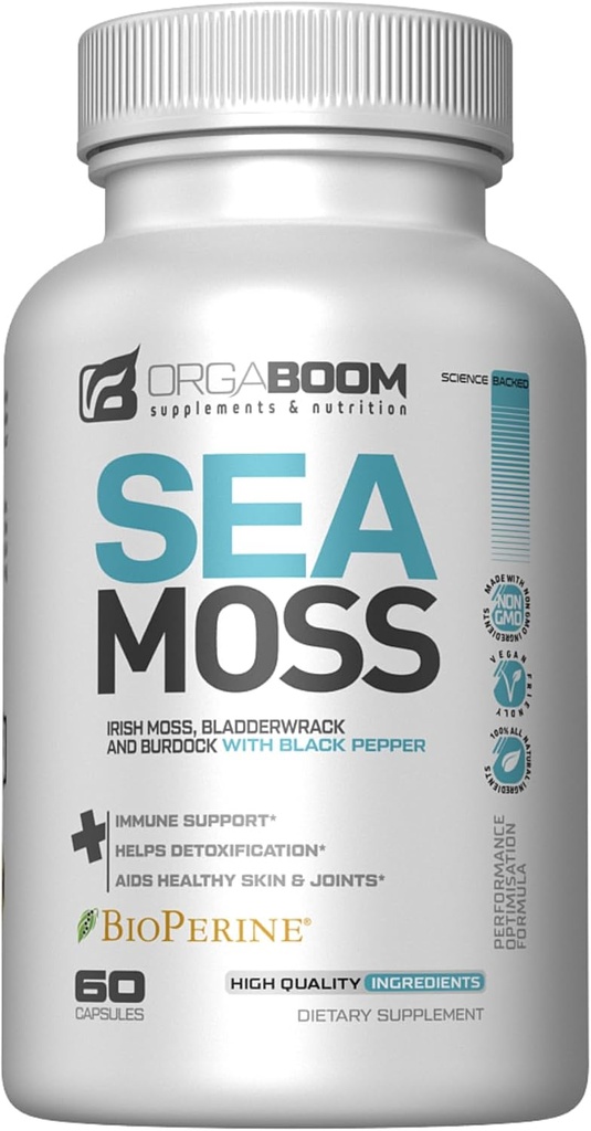 Mořské kapsle Irské Moss Moss dodatek s Organic Burdock Root, Bladderwrack & Black Pepper OF 124; Zvýšení energie, Detox & Imunitation Support OF 124; Non- GMO, Vegan OF 124; Made in USA - 60 Počet