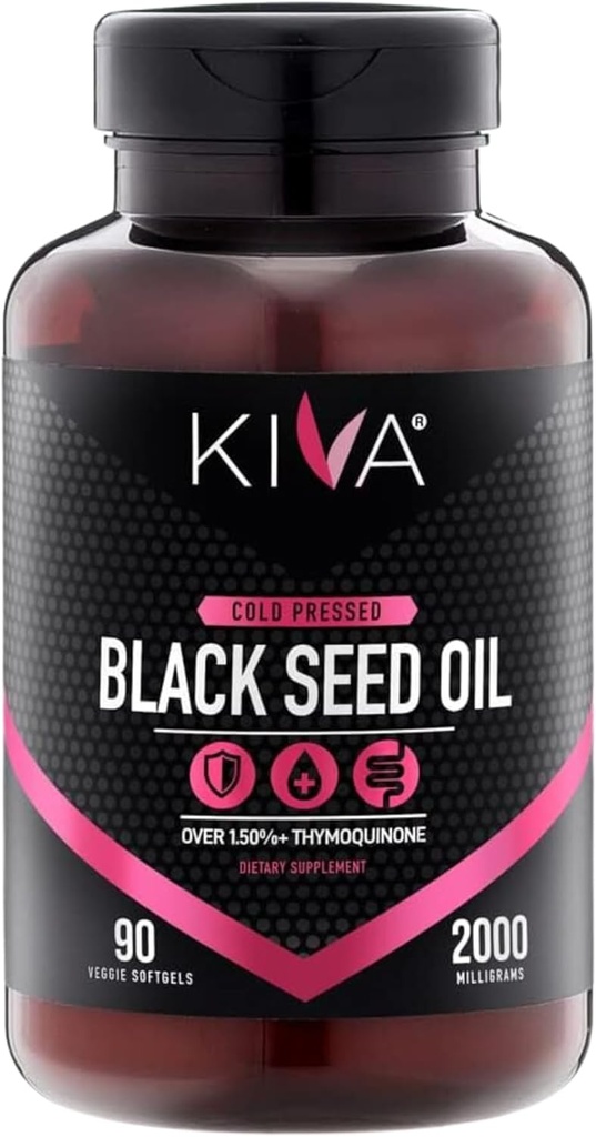 Kiva Black Seed Oil Softgel Kapsle - Cold- Pressed (2000mg), 2% + High Thymoquinone (TQ), 100% Turkian Nigella Sativa Seed Oil, 90 Vegan Softgels