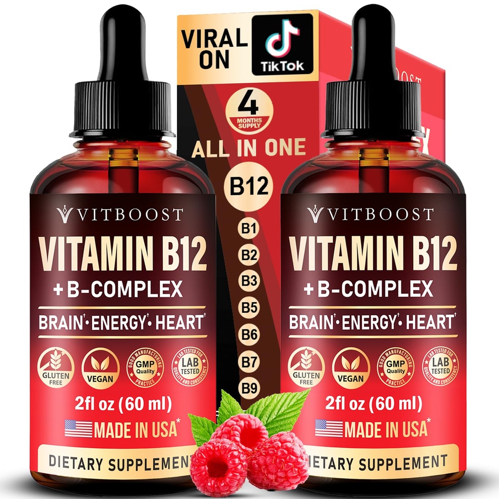 Vegan Vitamin B12 s B Complex 20000 mcg- Extra síla pro muže a ženy - Raspberry Liquid Kapky 124; USA Made, B1, B2, B3, B5, B6, Biotin, kyselina listová & B12 Sublingual Metylkobalamin 124; 4 měsíce Dodávka