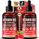Vegan Vitamin B12 s B Complex 20000 mcg- Extra síla pro muže a ženy - Raspberry Liquid Kapky 124; USA Made, B1, B2, B3, B5, B6, Biotin, kyselina listová & B12 Sublingual Metylkobalamin 124; 4 měsíce Dodávka