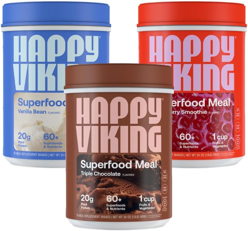 Happy Viking Chocolate, Vanilla a Strawberry Powder, by Venus Williams, 20G Protein, Low Carb, Keto, Vegan, gluten- Free, Superfoods, Kompletní strava náhrady, 3 Canysters (24 oz. Každý)