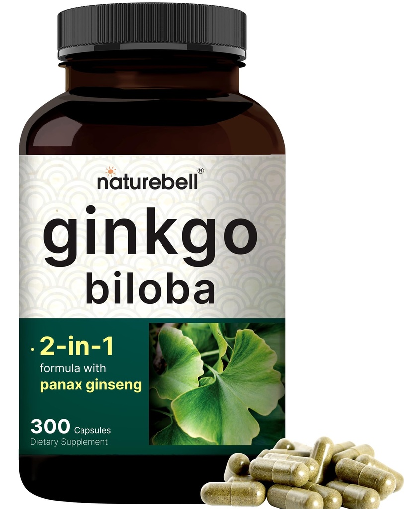 NatureBell Ginkgo Biloba 6 000 mg s Panax Ginseng 500 mg Per Serving Fol124; 300 Kapsle - Max Strength Ginko Biloba Extract doplňky - Podporuje paměti, zaměření a zdraví mozku