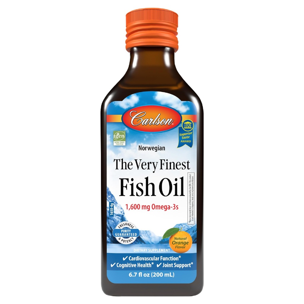Carlson - Nejjemnější rybí olej, 1600 mg Omega-3s, dodatek k tekutému rybímu oleji, norský rybí olej, Wild- Caught, Sustainable Sourced Fish Oil Liquid, Orange, 6.7 Fl Oz
