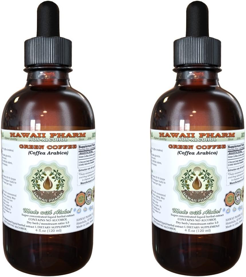 Green Coffee Alcohol- Free Liquid Extract, Green Coffea (Coffea Arabica) Sured Bean Glycerite Hawaii Pharm Natural Bylinný dodatek 2x2 oz