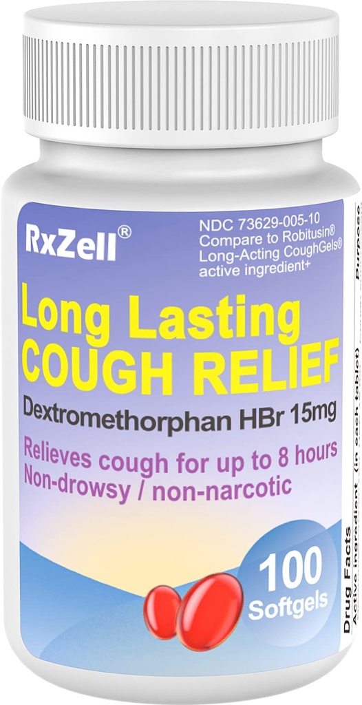 Reliéf dospělých kašel, Dextromethorfan HBr 15mg (100 Softgels), 8 hodinová dlouhotrvající, nenucené, kašel / Bronchial Suppressant
