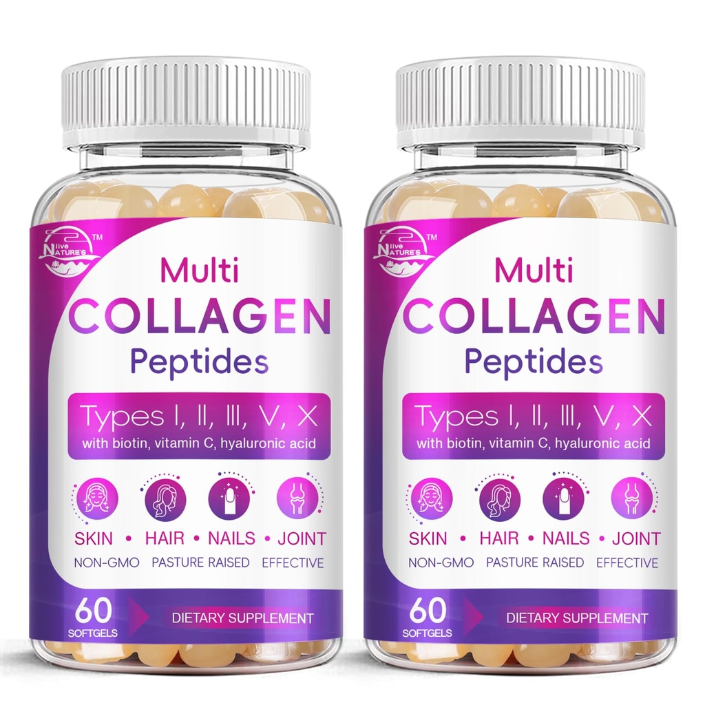 Multi kolagen Peptides Softgel - Typ I, II, III, V, X - Hydrolyzované kolagen Peptidy s biotin, Vitamin C, Hyaluronic Acid, Podporuje kůži vlasový hřebík, Grass- Fed, Non- GMO, 60 Softgel, 2 Pack