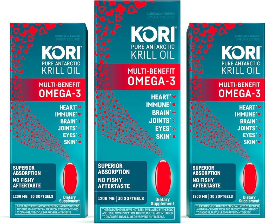 Kori Krill Oil Omega 3 dodatek, Antarktida Kril Oil s Superior Absorpce vs Fish Oil, 1200mg Softgels, 30 Softgels, EPA & DHA (balení po 3)