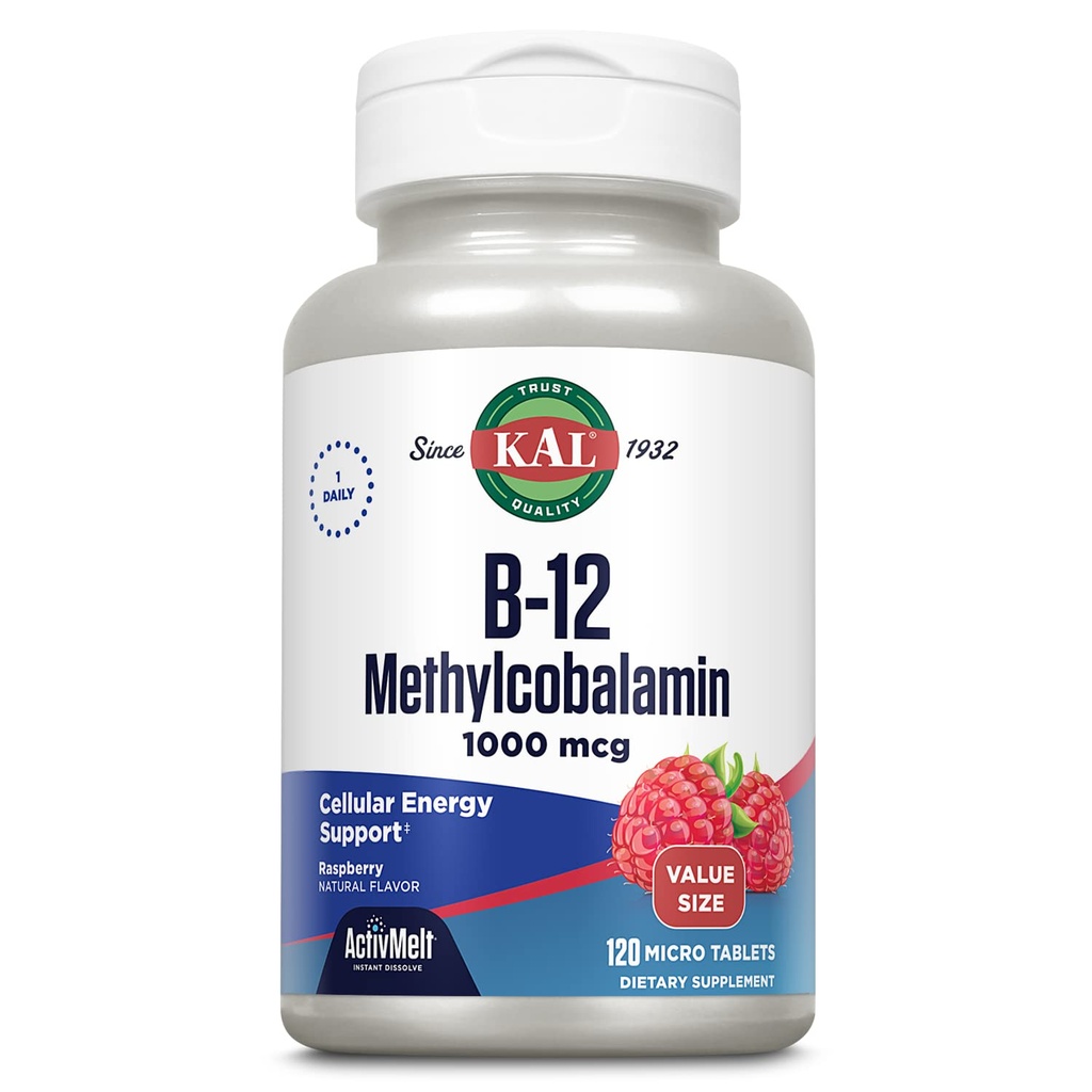 Kal Vitamin B12 Methylkobalamin 1000mcg, Zdravá energie, Metabolismus, Nerve a Red Blood Cell Support, Fast Disolve ActivitMelt, High Absorption, Vegetarian, Natural Raspberry, 120 Serv, 120 Micro Tabs