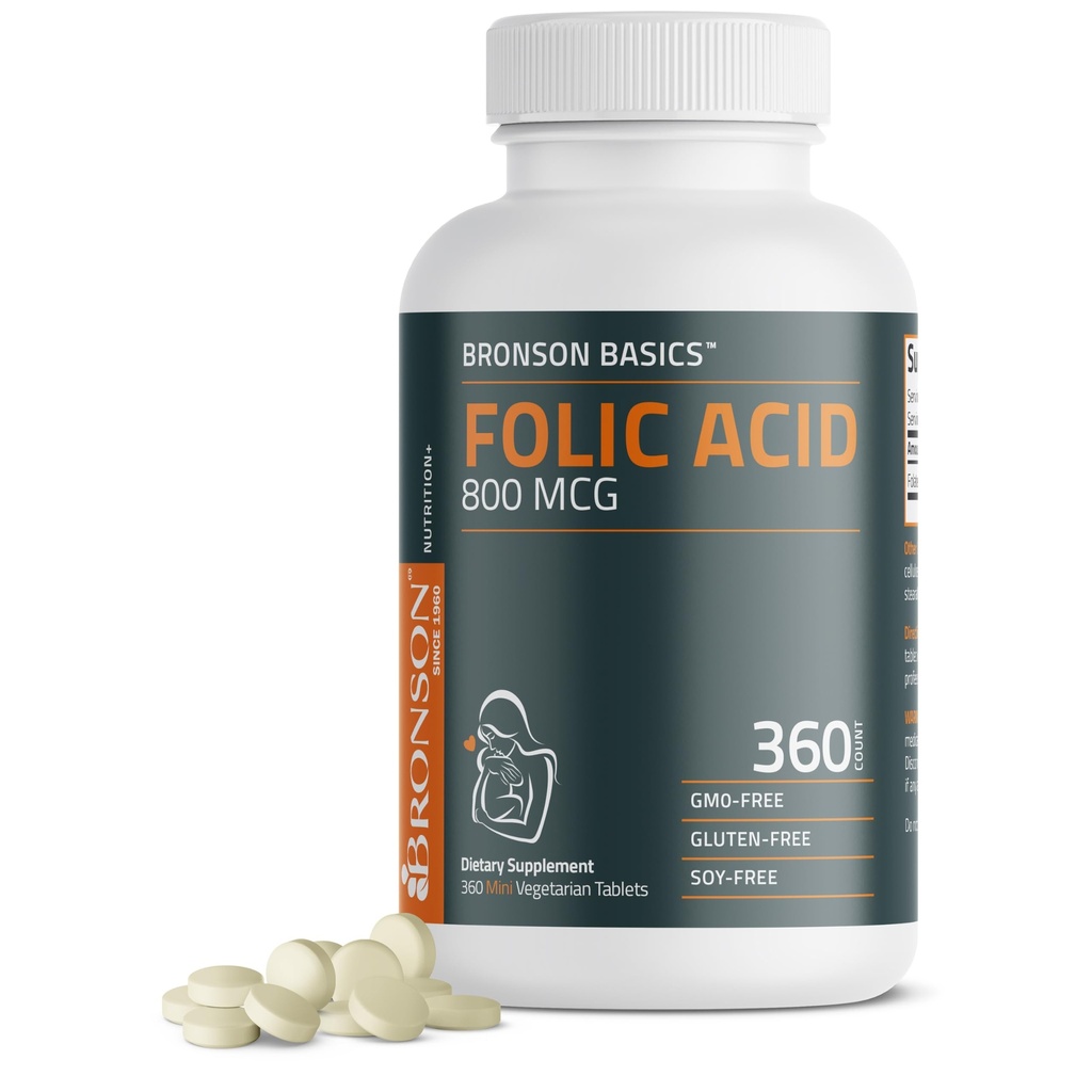 Bronson Folic Acid 800 MCG podporuje prenatální vývoj, 1 rok dodávky, Non- GMO, 360 tablet