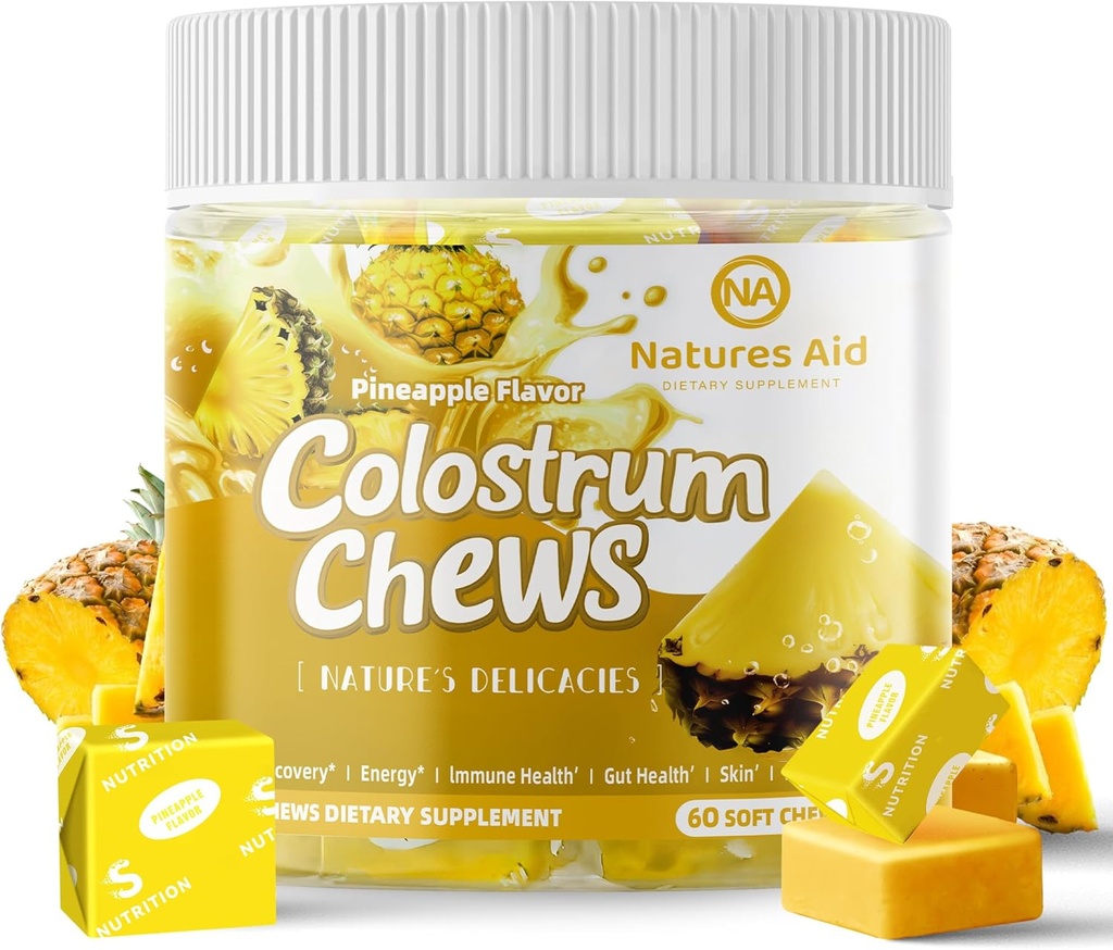Colostrum Chews dodatek s probiotika pro Gut zdraví, nadýmání, imunitní podpora, kůže, růst vlasů a krása - Ananas Flavor (60 Služeb)