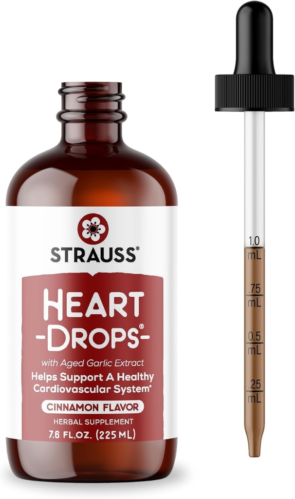 Strauss Naturals Heart Drops - Natural Mistetoe & Aged Garlic Extract Heart Health Dodatek - Pomáhá udržovat zdravý kardiovaskulární systém - Vegan & Non- GMO - Skořice ochucená - 225 ml láhev
